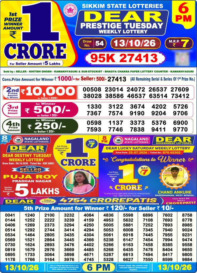 Dear 6PM Lottery Result 13 October 2026